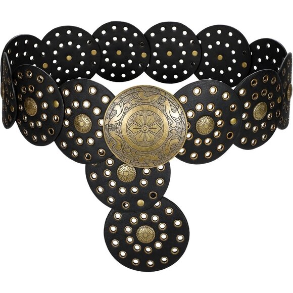 Accessories - Women Boho Disc Belt Wide Western Leather Belt Vintage Concho Waist Belts Black